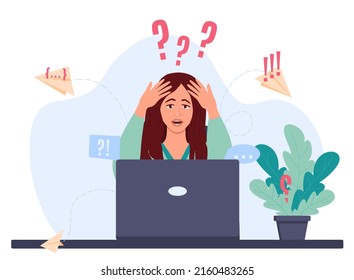 Girl is sitting in front of a laptop, holding her head in her hands. Young woman is panicking. Vector illustration in flat style on a white background