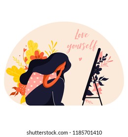 Girl Is Sitting In Front Of The Mirror And Crying. Body Positive Illustration With Plants In Trendy Flat Style. Text Love Yourself