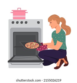 Girl is sitting in front of an open oven with a dish. Young woman puts a pizza in the oven. The concept of cooking at home. Vector Illustration in a flat style on white background.