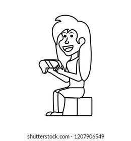 girl sitting with game control character