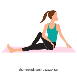 Girl sitting at half spinal twist yoga pose. Vector illustration