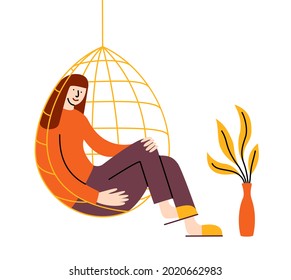 A girl sitting in a a hanging hammock nest. A young woman in house slippers relaxing at home. Slow living concept. EPS 10 vector illustration in autumnal colors. Isolated on white.