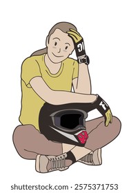 A girl sitting with helmet, looking thoughtful and relaxed