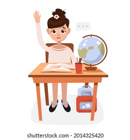 the girl is sitting at her desk in the classroom and answers a question. Back to school. vector illustration.