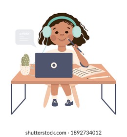 Girl Sitting at her Desk in Headphones Studying Online Using Computer, Homeschooling, Distance Learning Concept Cartoon Style Vector Illustration