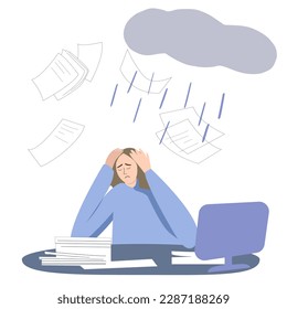 the girl is sitting at her desk, and pieces of paper are pouring on her, symbolizing many difficult tasks. the concept of fatigue at work, emotional burnout. unbearable work responsibilities