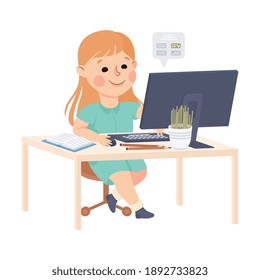 Girl Sitting at her Desk and Studying Online Using Computer, Homeschooling, Distance Learning Concept Cartoon Style Vector Illustration