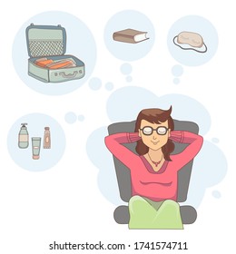 A girl sitting with her eyes closed is dreaming about traveling on a light background. Above her are drawings of baggage for traveling. Vector drawing