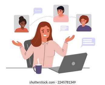 The girl is sitting at her laptop, communicating online with colleagues, students. Freelance work, remote study, communication. Vector graphics.