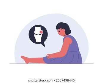 A girl sitting with her legs straight in front of her, is having health problems with her joints, arthritis or injury, vector illustration.