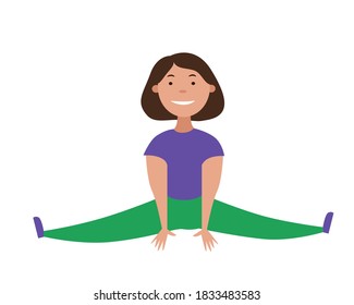The girl is sitting with her legs wide apart. Stretching exercises. Cross twine. Vector illustration on a white isolated background.