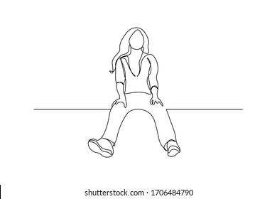 Girl sitting high with dangling feet in continuous line art drawing style. Minimalist black linear sketch isolated on white background. Vector illustration svg