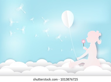 Girl sitting and holding candy in hand and Dandelion floral floating on cloud and blue sky background, paper art style illustration