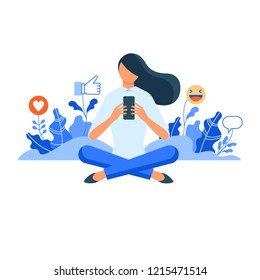 Girl sitting and holding mobile phone among plants with social media icons. Flat style vector illustration concept for digital marketing, engaging with followers, growing popularity in social network