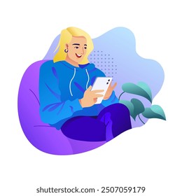 Girl Sitting Holding Phone Happy Face Flat Vector Illustration