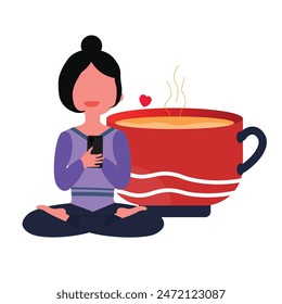 Girl sitting and holding smartphone with big coffee, tea mug. Hot coffee mug with girl sitting and using mobile phone character with plain white background. 