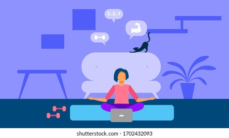 Girl sitting at home looking at a laptop and playing sports. Healthy lifestyle. Sport Activity. Flat vector illustration