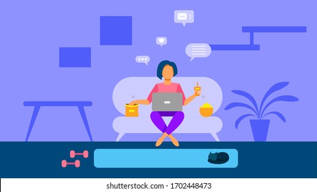 Girl sitting at home looking at a laptop and eating junk food. Unhealthy food concept flat vector illustration.