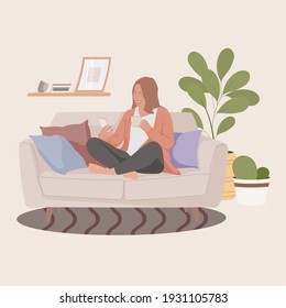 the girl is sitting at home on the couch talking on the phone, the girl is holding a cup in her hand. flat vector illustration