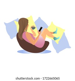 the girl is sitting at home on the sofa.she holds the phone in her hand. a woman drinks coffee and tea. lots of pillows. VECTOR ILLUSTRATION ISOLATED ON A WHITE BACKGROUND.