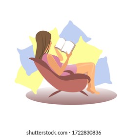 the girl is sitting at home on the sofa. WOMAN READS A BOOK. mocap. empty space. lots of pillows. VECTOR ILLUSTRATION ISOLATED ON A WHITE BACKGROUND.