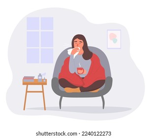 The girl is sitting at home in quarantine, sick, sneezing. A woman is being treated for a cold, drinks medicine, warms up with a hot drink. Vector graphics.