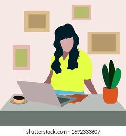 the girl is sitting at home at the table. the girl drinks coffee at home. vector illustration of a girl with a Desk and a laptop. Working remotely from home at a computer