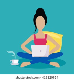 Girl Sitting At Home Working Freelance Flat Vector Illustration In Bright Colorful Simplified Infographic Style 