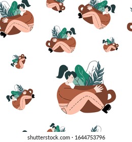 Girl is sitting and hugging a cup f herbal tea. Seamless pattern. Bodypositive vector background