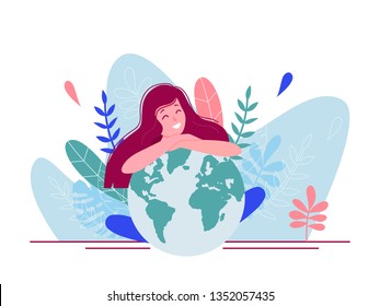 Girl sitting and hugging planet and thinking about future of Earth. Flat concept vector illustration for web page, flyer, poster, banner, presentation