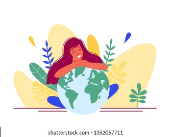 Girl sitting and hugging planet and thinking about future of Earth. Flat concept vector illustration for web page, flyer, poster, banner, presentation