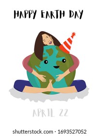 Girl sitting and hugging planet and thinking about future of Earth. view of America Africa Europe. Flat color planet Earth. Happy earth day card with cute planet, save earth. 