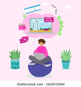 Girl sitting with laptop and booking, paying online airplane ticket for travel, hotel reservation vector illustration. Vacation, car rental, trip online internet booking services concept.