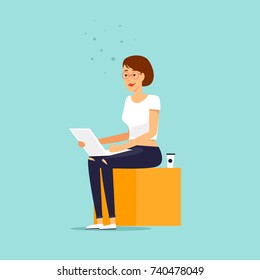 Girl sitting with laptop. Business characters. Flat design vector illustration.