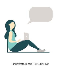 Girl sitting with laptop chatting with someone. Networking concept. Internet communication. Working, studying through the web. Flat vector isolated image