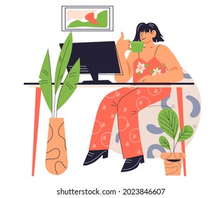 Girl sitting at laptop and communicating in social networks. Woman blogger chatting and sharing happy moments with her followers online, flat vector illustration isolated on white background.
