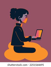 Girl sitting with laptop flat character