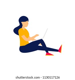 Girl sitting with laptop.  Flat style vector illustration.