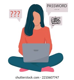 The Girl Is Sitting With A Laptop. Forgot My Password. Bad Memory, Forgetfulness. Vector Illustration