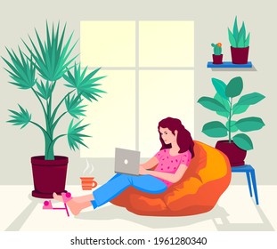 Girl Sitting With Laptop At Home In A Bean Bag Chair. Woman Works At Home. Freelance Or Studying Concept. Vector Illustration In Flat Style.
