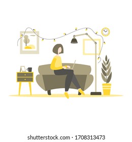 Girl sitting with laptop at home. Vector illustration of distance learning, working.