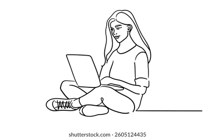 Girl sitting with laptop isolated on white background. Freelancer, training, remote work, continious line drawing. Vector illustration