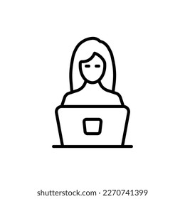 Girl sitting at a laptop line icon. Quarantine, networking, technology, gadgets, online meeting. Work from home concept. Vector line icon on white background