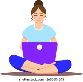 Girl sitting with laptop in lotus position. Young woman working on the notebook, studying, browsing internet, chatting, blogging. Online education or freelance concept. Stay home. Social distancing