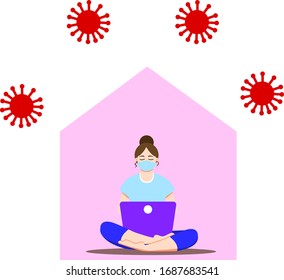 Girl sitting with laptop in lotus position. Young woman working on the notebook, studying, browsing internet, chatting, blogging. Social distancing during coronavirus (COVID-19) pandemic. Stay home