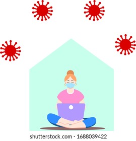 Girl sitting with laptop in lotus position. Young woman working on the notebook, studying, browsing internet, chatting, blogging. Social distancing during pandemic of coronavirus (COVID-19). Stay home