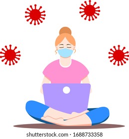 Girl sitting with laptop in lotus position. Young woman working on the notebook, studying, browsing internet, chatting, blogging. Social distancing during pandemic of coronavirus (COVID-19). Stay home