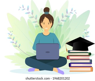 A girl sitting with laptop near the book on abstract background, education concept, freelance work concept, flat vector illustration