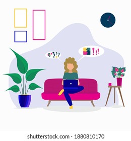 The girl is sitting with a laptop on the couch at home. Working on a computer. Freelance, online education, or the concept of social networks. Vector illustration isolated on a white background
