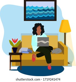 The girl is sitting with a laptop on her lap. The girl is sitting on the sofa. Concept of work at home, online training